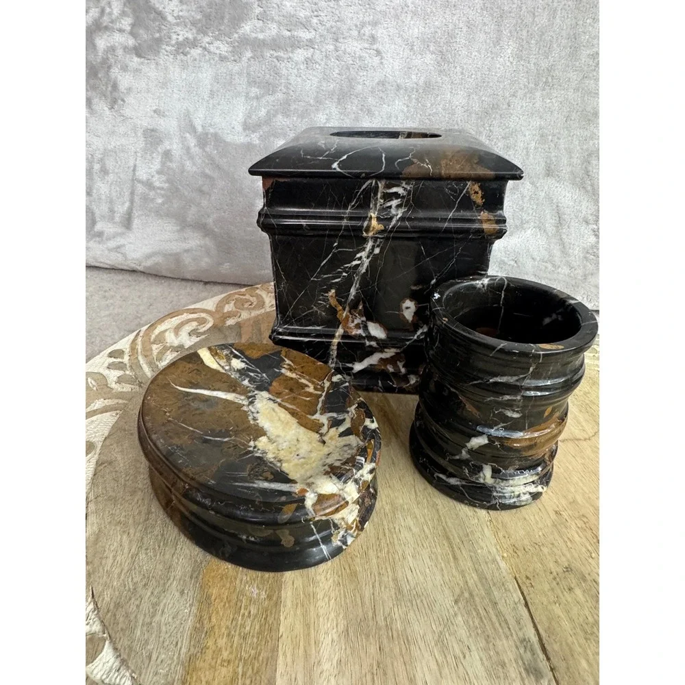 3pc Brown Marble Bathroom Accessory Set Tissue‎ Cover Tumbler Soap Dish Luxury